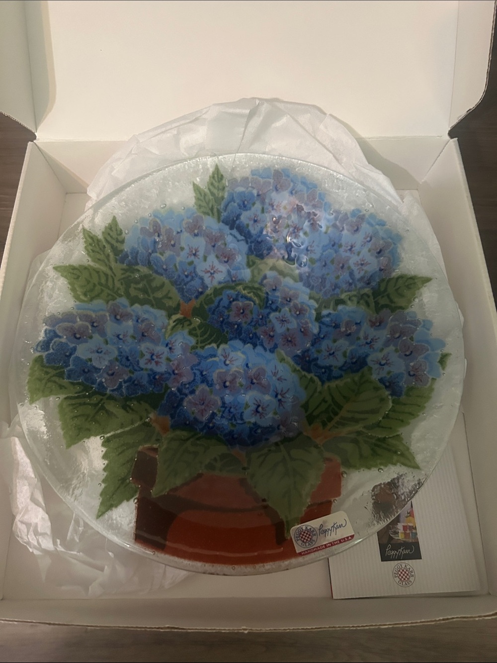 Peggy Karr Fused Glass Blue Hydrangea Decorative Glass Bowl